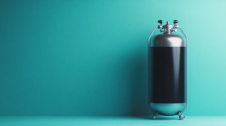 This image features a sleek gas cylinder designed for industrial use, showcasing a metallic finish against a vivid teal background, emphasizing modern design.の素材