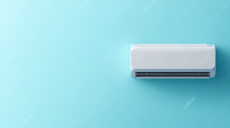 A sleek, wall-mounted air conditioner blends seamlessly with a light blue wall, symbolizing energy-efficient cooling solutions for modern homes.の素材