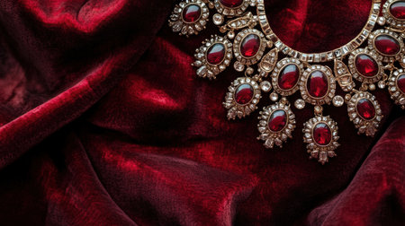 This image showcases an elegant vintage necklace adorned with vibrant red gemstones, beautifully arranged on a rich red velvet background, radiating luxury.の素材