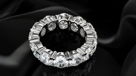 This stunning diamond ring features exquisite craftsmanship with sparkling stones, set against a silky black background, embodying luxury and elegance.の素材