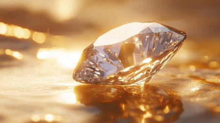 This stunning photograph showcases a beautifully cut diamond resting on a luminous surface, illuminated by warm light, creating a captivating sparkle and radiance that embodies luxury and elegance.の素材