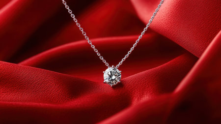 This stunning image features a sparkling diamond pendant hanging gracefully against a luxurious red satin background, accentuating its elegance and beauty.の素材