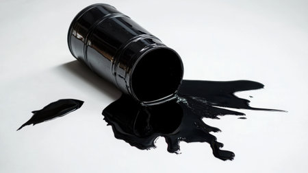 A black plastic bucket tipped over is spilling paint onto a white surface, creating an intriguing visual of texture and liquid flow suitable for artistic projects.の素材