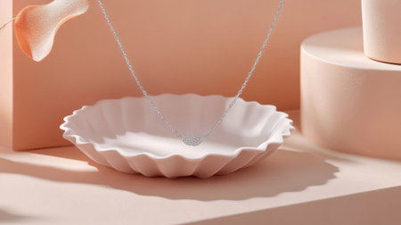 This stunning silver necklace is beautifully showcased on a soft pink ceramic dish, creating a chic and elegant aesthetic perfect for jewelry lovers.の素材