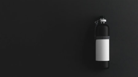 A sleek black water bottle placed against a dark background, featuring a white space for custom label design, perfect for branding and product displays.の素材