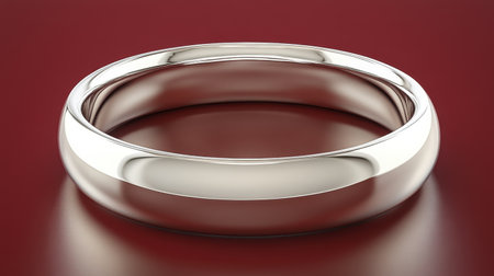 This elegant silver wedding band features a smooth finish, reflecting light beautifully against a dark red background, perfect for romantic occasions.の素材