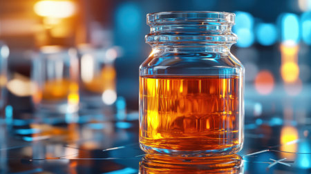 This image features a glass jar filled with golden liquid, beautifully reflecting light effects in a modern environment, perfect for creative projects.の素材