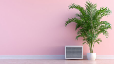 This image presents a harmonious indoor setting featuring a lush green plant beside an air conditioning unit on a soft pink wall. Ideal for showcasing modern minimalism and relaxation.の素材