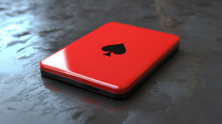 A red rectangular card featuring a prominent black spade emblem sits on a textured surface, highlighting minimalist design and vibrant color contrast.の素材