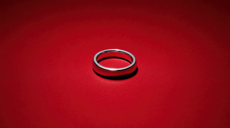 This elegant silver ring rests on a vibrant red background, symbolizing love and commitment. Perfect for showcasing wedding and engagement themes in photography.の素材