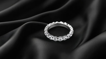 This image features an elegant silver ring adorned with sparkling stones, elegantly placed on a luxurious black silk background, showcasing beauty and sophistication.の素材