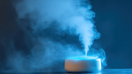 A stylish aromatherapy diffuser releases a soothing mist in a dark setting, illuminated by soft blue lighting, creating a serene and calming atmosphere.の素材