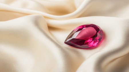 A stunning close-up of a vibrant pink gemstone resting on a luxurious silky fabric, perfect for illustrating elegance in fashion and jewelry design.の素材