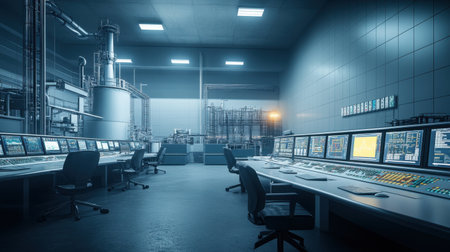 A modern industrial control room featuring high-tech monitors, advanced machinery, and a clean design. This workspace is designed for efficiency and innovation in automation and technology.の素材
