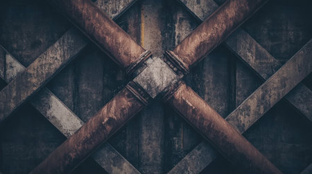 A striking image showcasing crossed industrial pipes against a wooden background. The combination of rusty metal and weathered wood creates an appealing grunge aesthetic, perfect for modern design projects.の素材