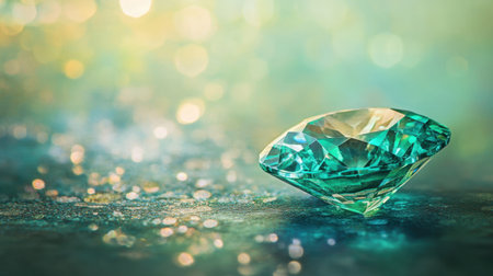 A captivating close-up of a sparkling green gemstone resting on a textured surface, surrounded by hints of light and colorful bokeh, showcasing elegance.の素材