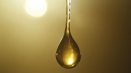 This captivating close-up image features a single golden droplet suspended in the air against a soft, glowing background, embodying purity and elegance.の素材