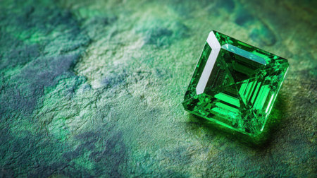 A captivating green emerald gemstone elegantly displayed on a textured surface, showcasing its beautiful cut and rich color, perfect for luxury design projects.の素材