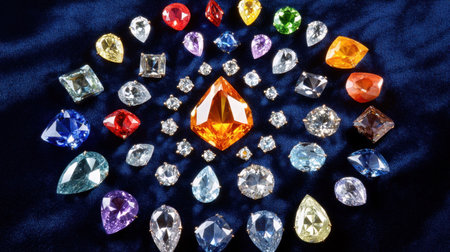 A stunning display of various gems and diamonds arranged artfully, showcasing vibrant colors and remarkable brilliance on a luxurious fabric surface.の素材