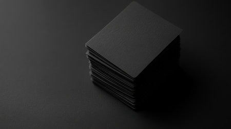 A striking minimalist image featuring a stack of black cards resting on a dark surface, evoking elegance and simplicity for creative projects.の素材