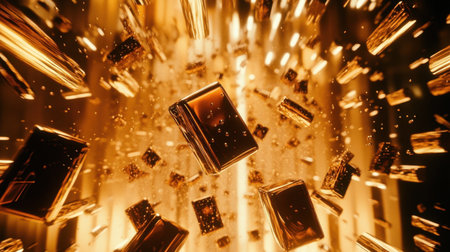 This image features an abstract arrangement of floating golden blocks surrounded by sparkling particles, creating a dynamic and luxurious atmosphere.の素材