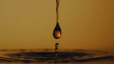 A striking close-up of a water droplet poised to fall into a serene surface, set against a warm golden backdrop that evokes tranquility and beauty.の素材