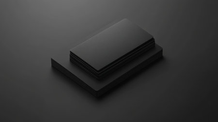 This image features a stack of sleek black business cards arranged on a dark surface, ideal for showcasing professional branding and identity design concepts.の素材
