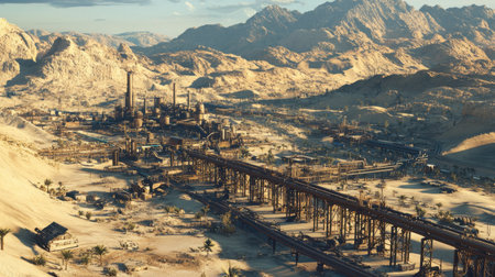 An expansive view capturing a desert landscape with an industrial complex surrounded by mountains, showcasing technology and natural resources.の素材