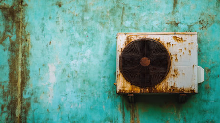 This image features a weathered air conditioning unit mounted on a turquoise wall, highlighting rust and peeling paint, perfect for urban decay themes.の素材