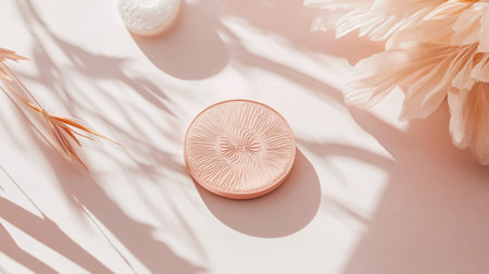 A serene flat lay featuring a beauty product on a soft background, complemented by elegant shadows and delicate floral elements, ideal for aesthetic themes.の素材