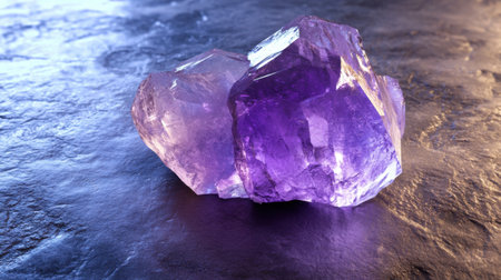 A mesmerizing close-up view of amethyst crystals showcases their vibrant purple hues and natural beauty, set against a dark stone surface. The light reflections enhance the intricate textures and details, making it an ideal visual for nature lovers and mineral enthusiasts.の素材