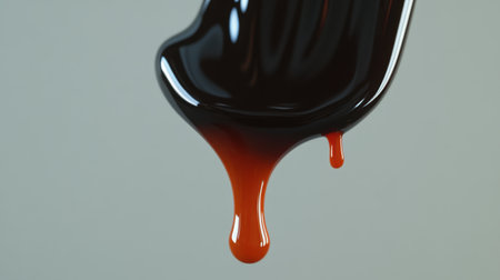 A close-up image showcasing a glossy black liquid dripping from a spoon against a soft, neutral background, highlighting its smooth texture and rich color.の素材