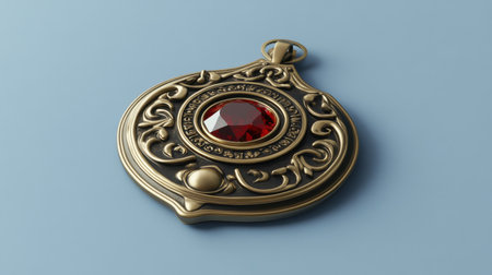 This exquisite locket features an intricate design with a stunning ruby gemstone at its center. Perfect for jewelry enthusiasts or as a decorative art piece.の素材