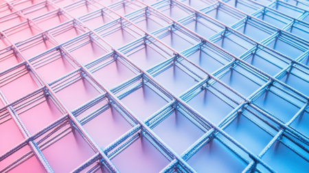 This image showcases a metallic grid structure highlighted by creative lighting, featuring a mix of pink and blue hues. It emphasizes modern industrial design and abstract patterns. Perfect for artistic concepts and backgrounds.の素材