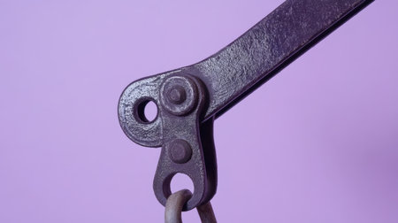 This close-up image features a mechanical lever showcasing intricate details against a soft purple background, perfect for industrial or engineering projects.の素材