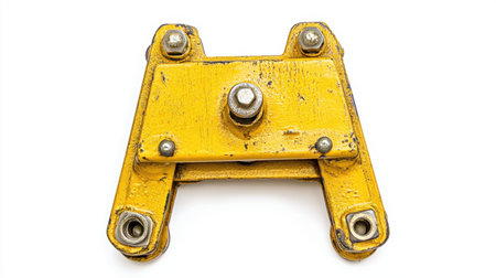 Close-up view of a yellow steel component used in heavy machinery, showcasing bolts and a rusty texture, ideal for industrial-themed projects.の素材