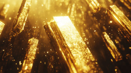 A mesmerizing close-up of shimmering gold crystals set in a captivating light-filled environment, creating a luxurious and elegant atmosphere.の素材
