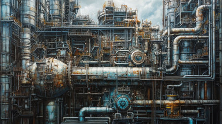 A highly detailed view of an industrial complex showcasing interconnected pipes, tanks, and various heavy machinery in a busy urban environment.の素材