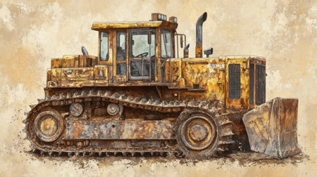 A detailed illustration of a vintage yellow bulldozer set against a grungy background. The rust and metal textures highlight its historical significance in construction and earthmoving tasks.の素材