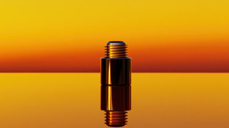 A striking metal component stands alone against a vivid sunset, casting reflections on a calm surface. The warm colors create a tranquil atmosphere.の素材