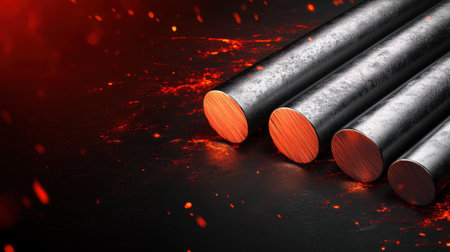 This striking image features a close-up view of sturdy metal rods against a fiery background, highlighting industrial strength and vibrant textures.の素材