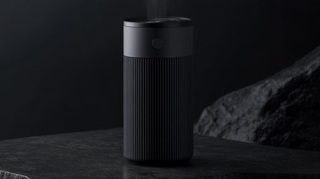 This modern black essential oil diffuser elegantly releases steam into the air, creating a soothing atmosphere. Perfect for enhancing wellness and relaxation.の素材