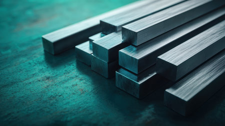 A close-up view of neatly stacked metallic bars with a smooth surface, illuminated by soft blue lighting in an industrial environment, showcasing craftsmanship and design.の素材