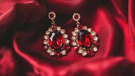 A stunning pair of red earrings featuring intricate gemstones, perfectly showcased against a rich satin fabric background, embodying elegance and luxury.の素材