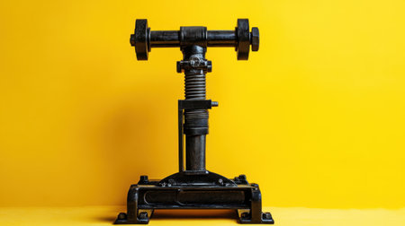 This striking image features vintage mechanical equipment against a vivid yellow background, perfect for creative projects, art, or industrial themes.の素材