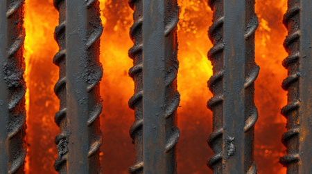 This image features a close-up view of metal bars set against a backdrop of intense flames, highlighting the heat and texture found in industrial environments.の素材
