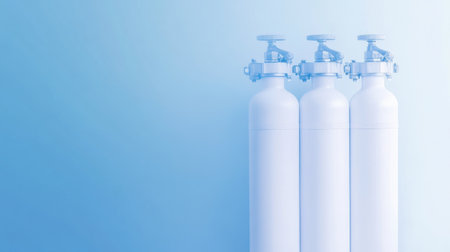 This image features three sleek industrial gas cylinders with valves against a soft blue background, ideal for use in medical, scientific, or laboratory settings.の素材