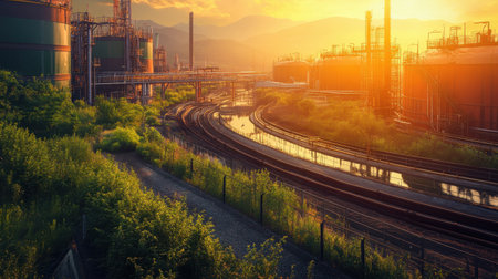 This stunning image captures a tranquil sunset over an industrial landscape, showcasing refineries, rail tracks, and lush greenery reflecting in the water.の素材