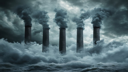 A dramatic industrial scene featuring power plant stacks releasing dense smoke into the atmosphere under ominous, cloudy skies. The image evokes themes of pollution and environmental concern.の素材