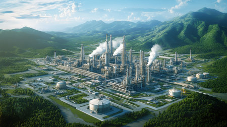 A vast industrial complex nestled in a mountainous landscape, showcasing various structures and smokestacks, illustrating the blend of nature and industry.の素材